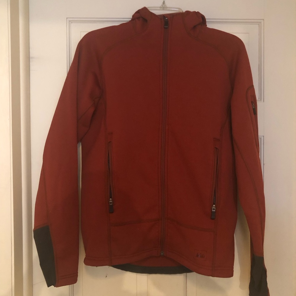 REI Men’s SMALL burnt orange Polartec Windpro Zip Hooded Jacket